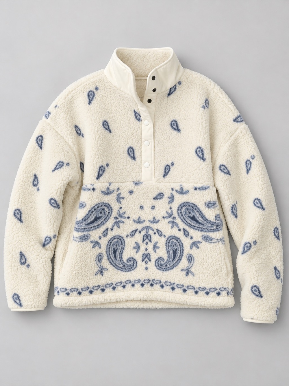 American Eagle Outfitters Cream Sherpa Pullover with Blue Paisley Print